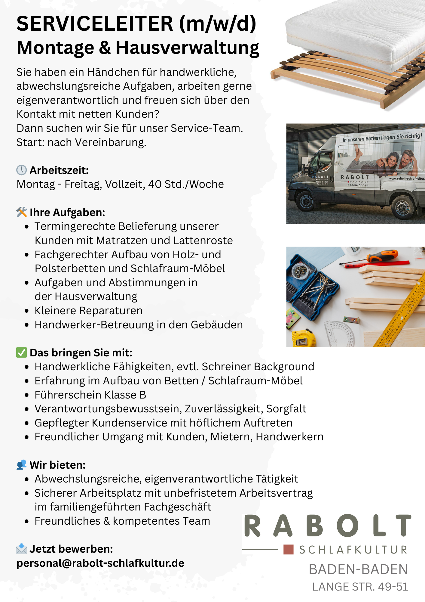 Stellenanzeige Serviceleiter Montage & Hausverwaltung Vollzeit Baden-Baden