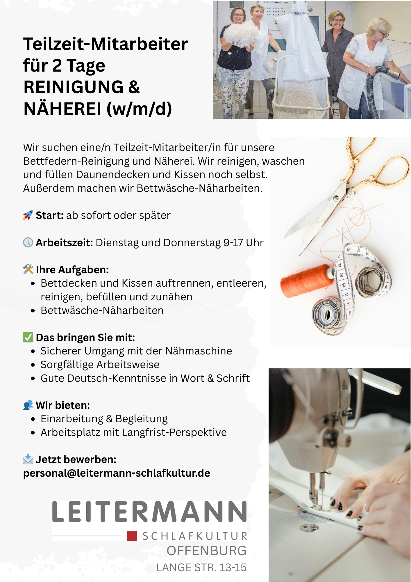 Stellenangebot Teilzeit Reinigung und Näherei /w/m/d)